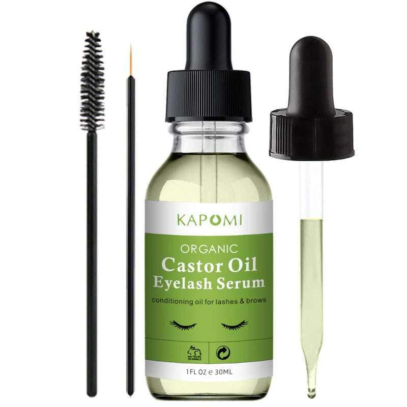 100% Pure Organic Castor Oil Eyelash Serum 1 oz Cold-Pressed Natural Eyelash Hexane-freel with Mascara Brushes