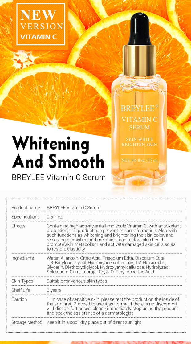 BREYLEE Vitamin c Serum Anti-aging Whitening VC Essence Oil Topical Facial Serum with Hyaluronic Acid Vitamin E Cosmetic 17ml