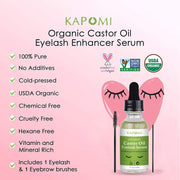 100% Pure Organic Castor Oil Eyelash Serum 1 oz Cold-Pressed Natural Eyelash Hexane-freel with Mascara Brushes